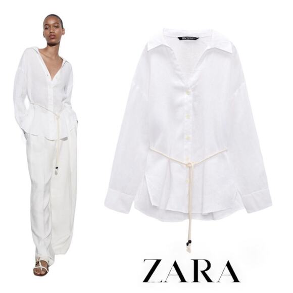 NWT Zara 100% Linen Oversized White Shirt Rope Tie Waist Large Wide Lapel V-Neck - Picture 2 of 7
